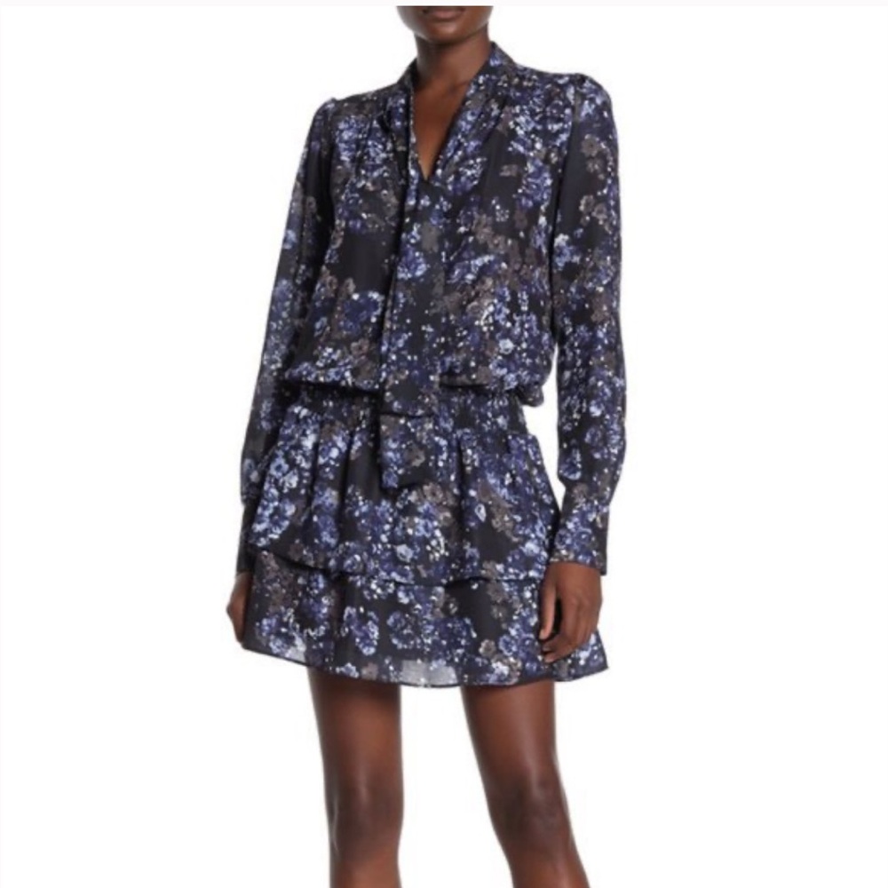 Parker Tie Neck Long Sleeve Tiered Floral Mini Dress Size Large